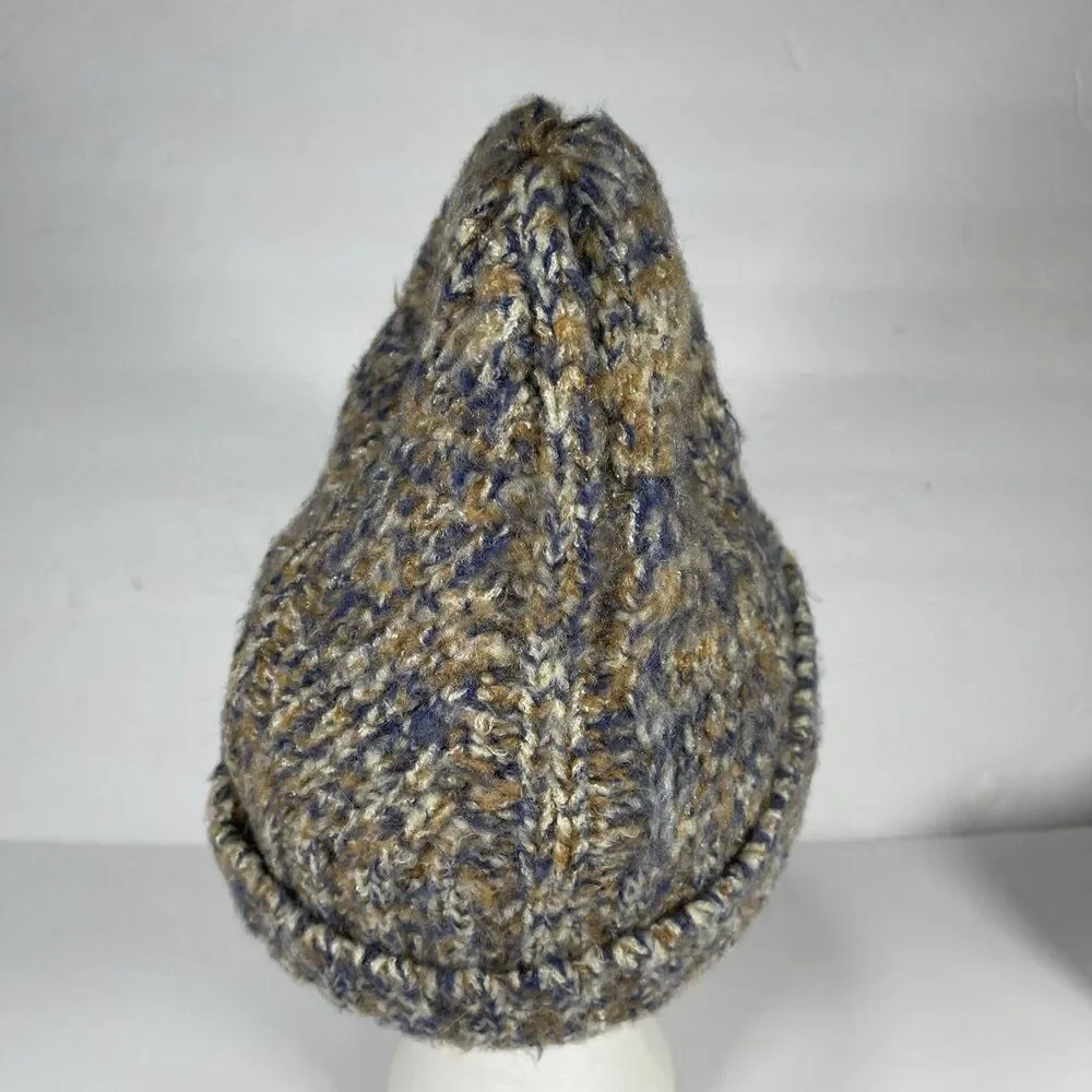 Frye and Co. Marled Knit Beanie Hat Blue Brown Tan Faux Leather Logo Tab One Six